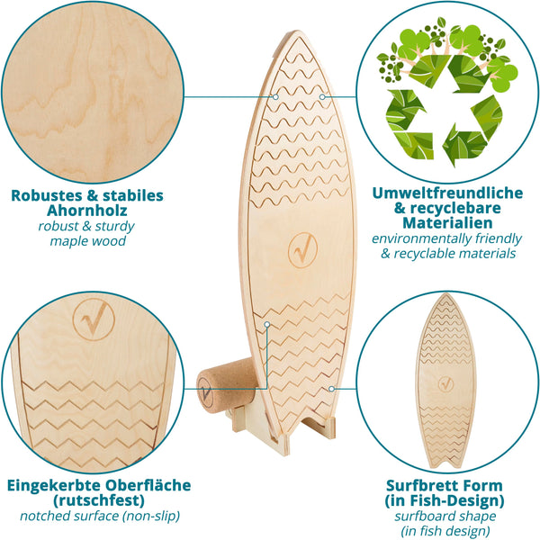 valuents Balance Board, Surfboard Shape with Cork Roller, Multi-layered Maple Wood, Non-slip Mat, Holder for Neuromuscular Response Training, Adult