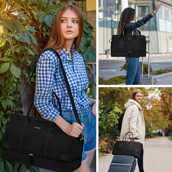 ETRONIK Weekend Overnight Bag for Women, Large Travel Duffle Bag with Shoe Compartment & Wet Pocket, Carry On Tote Bags Gym Duffel Bag with Toiletry Bags for Hospital 3 Pcs Set, Black