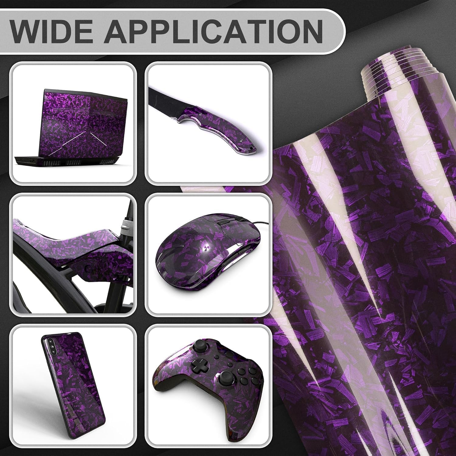 Purple Forged Carbon Fiber Vinyl Wrap, Foneso Self Adhesive Film, High Glossy Car Wrap Roll, Auto Interior Stickers Sheets Films Wraps Without Bubble for DIY Use 1ft x 5ft
