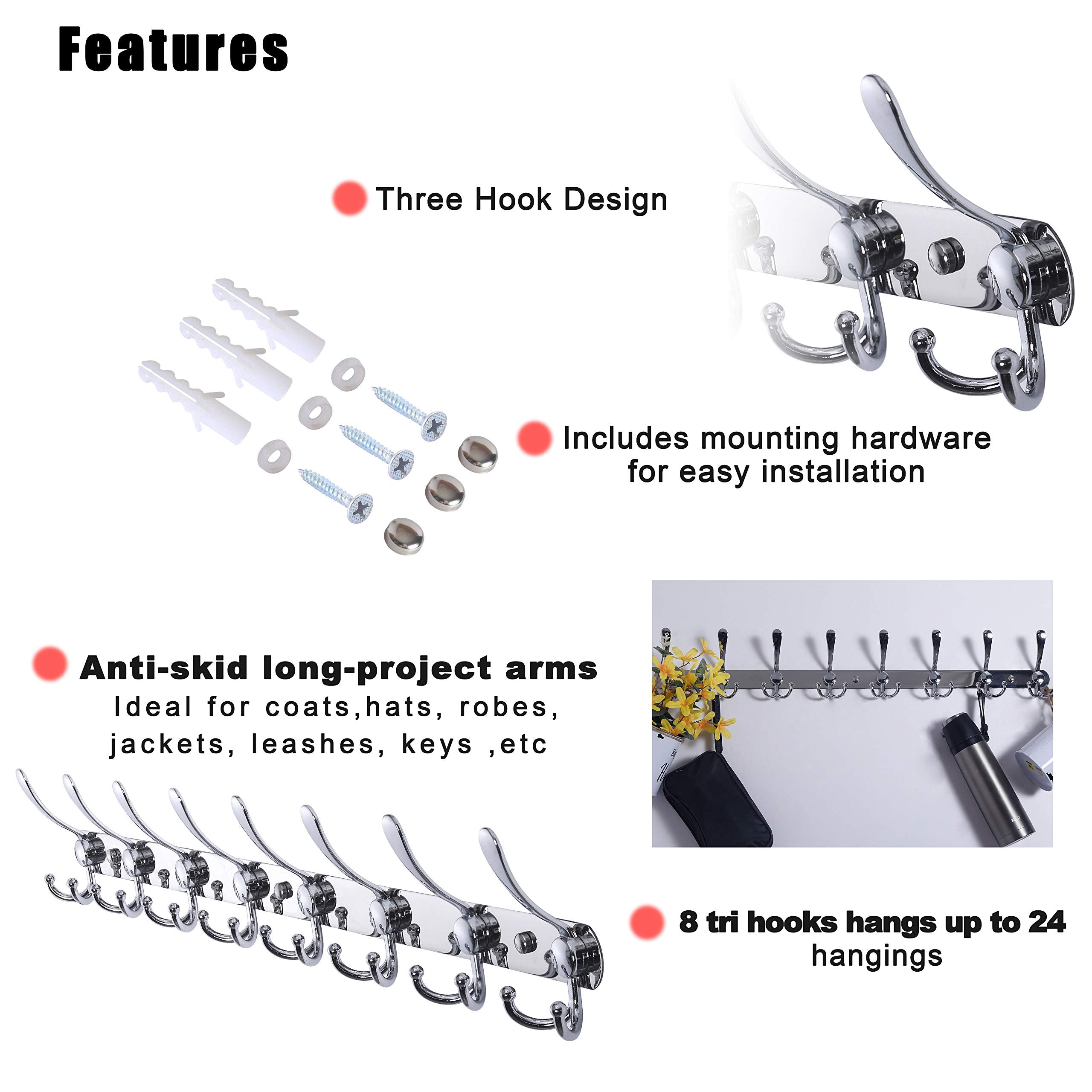 Dseap Coat Rack Wall Mount - 74cm Long 8-Tri-Hooks, Heavy Duty, Stainless Steel, Metal Coat Hanger Rail Wall Hooks for Coats Hats Clothing Clothes