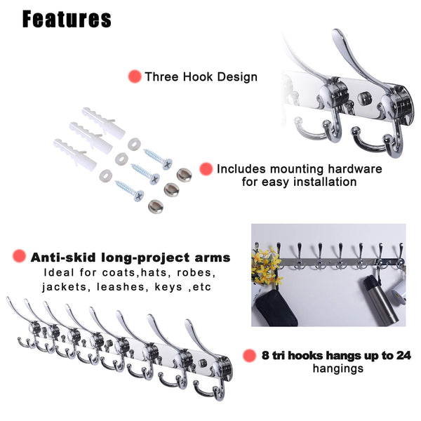 Dseap Coat Rack Wall Mount - 74cm Long 8-Tri-Hooks, Heavy Duty, Stainless Steel, Metal Coat Hanger Rail Wall Hooks for Coats Hats Clothing Clothes