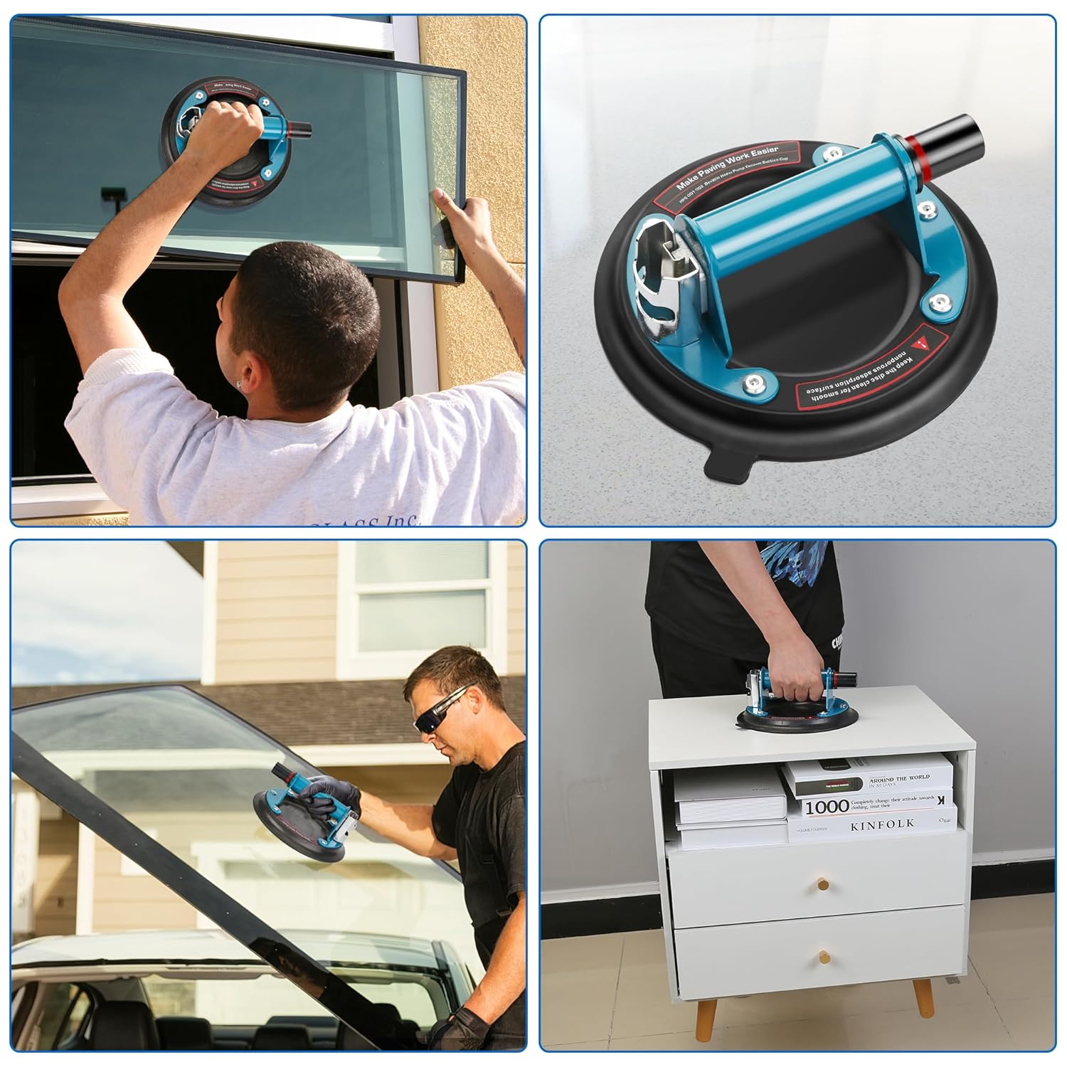 Glass Suction Cups 2 Pack with Metal Handle, 8'' Glass Suckers Lifters Heavy Duty Glass Vacuum Suction Cup, Glass Suction Lifter for Moving Glass/Window/Tile/Marbles, 220KG/480lbs Load Capacity, Blue