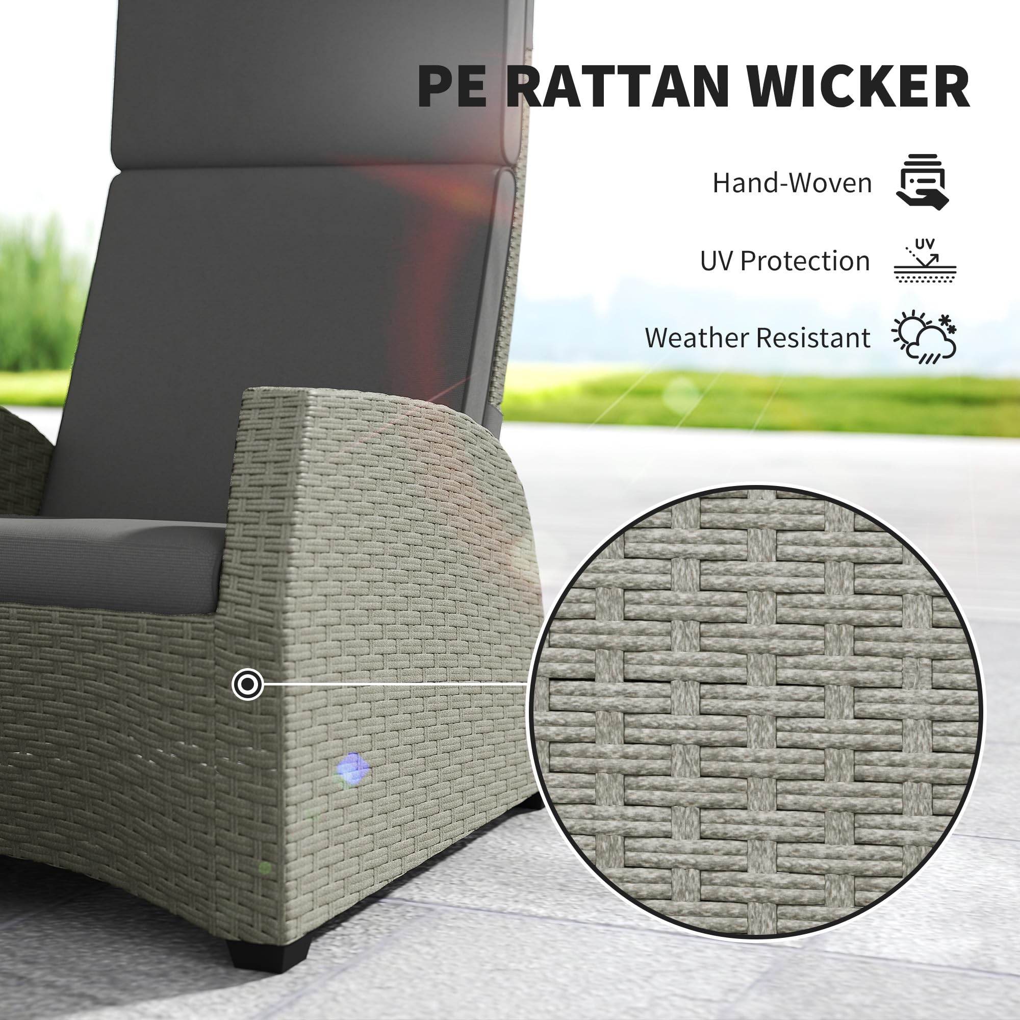 Outsunny 5 Piece Rattan Garden Furniture Set, Garden Reclining Rattan Chairs Set of 2 with Wood-Plastic Composite Table, Footstools and Thick Cushions for Balcony, Patio, Charcoal Grey