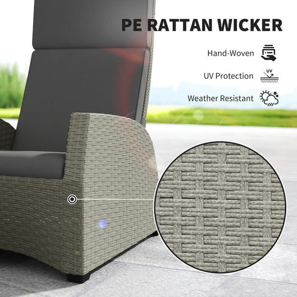 Outsunny 5 Piece Rattan Garden Furniture Set, Garden Reclining Rattan Chairs Set of 2 with Wood-Plastic Composite Table, Footstools and Thick Cushions for Balcony, Patio, Charcoal Grey