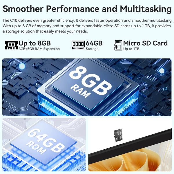 Whitedeer Tablet 10 inch Octa-Core Processor Android 14 Tablet, Face ID丨OTG, 8GB+64GB/1TB TF, 1280*800丨5G WiFi丨BT5.3丨Tab PC with Dual Camera 5MP+8MP, Support Split-Screen, 5000mAh, Widevine L1(Black)