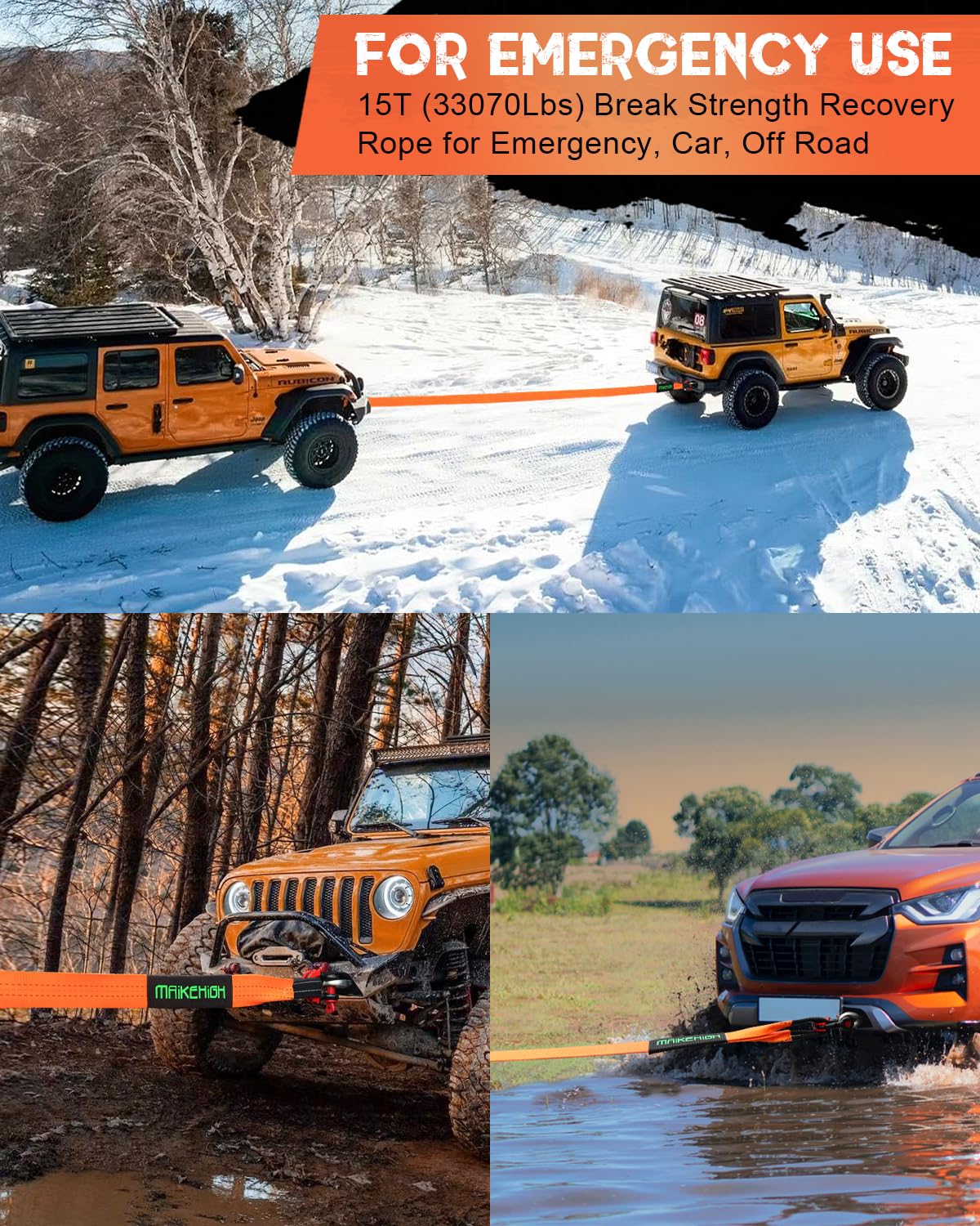 MAIKEHIGH Tow Rope 15 Ton (33,700 Lbs), 6M x 7.6cm Off-Road Recovery Towing Strap with 2 Gloves for Car, Truck, SUV, Emergency (Black)