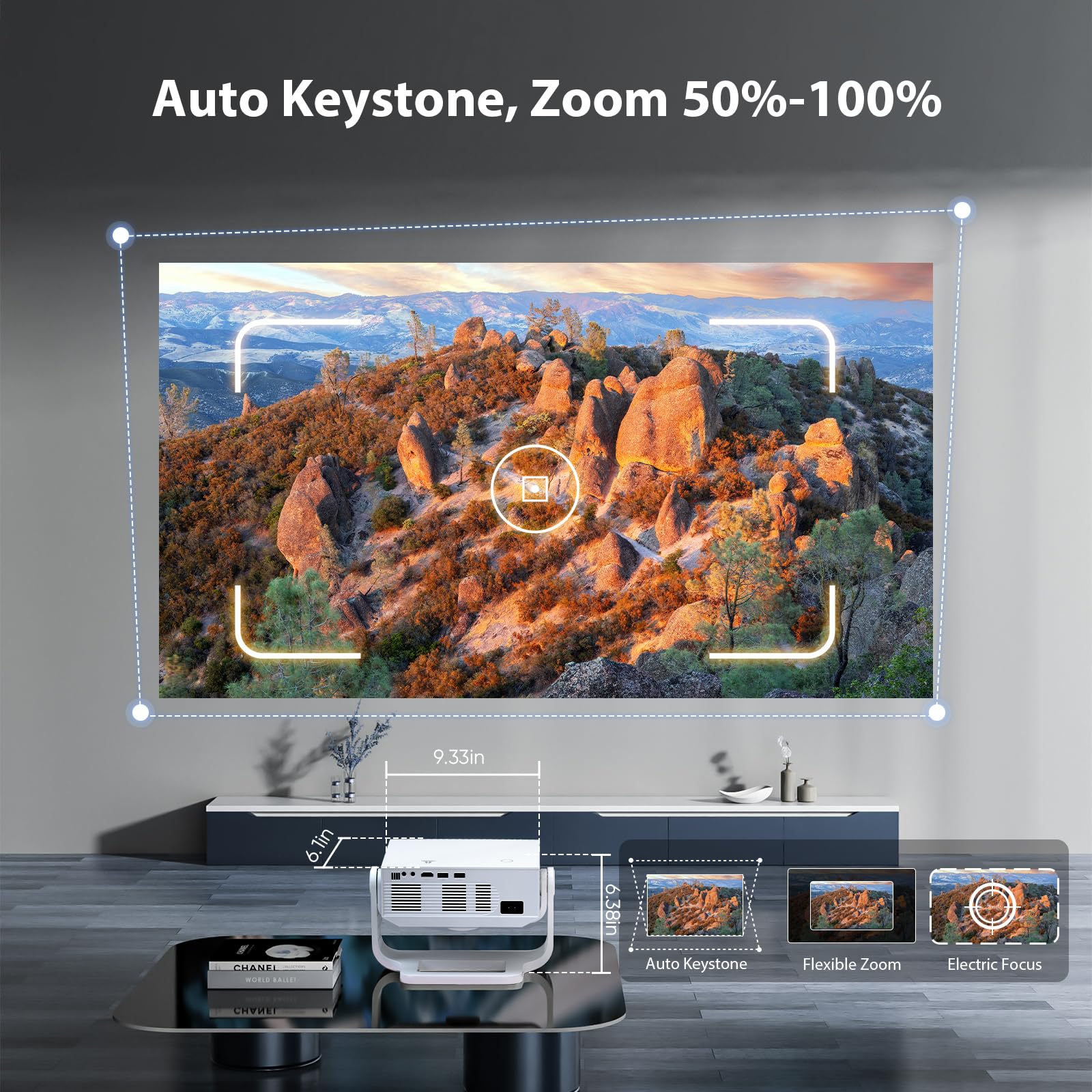 Wielio Smart Projector Built-in Apps, 500ANSI Native 1080P 4K Supported, WiFi 6 & Bluetooth 5.2, Low Fan Noise (<29.8dB), 120° Adjustable Stand, Auto Keystone, Projector for iOS/Android/PS5