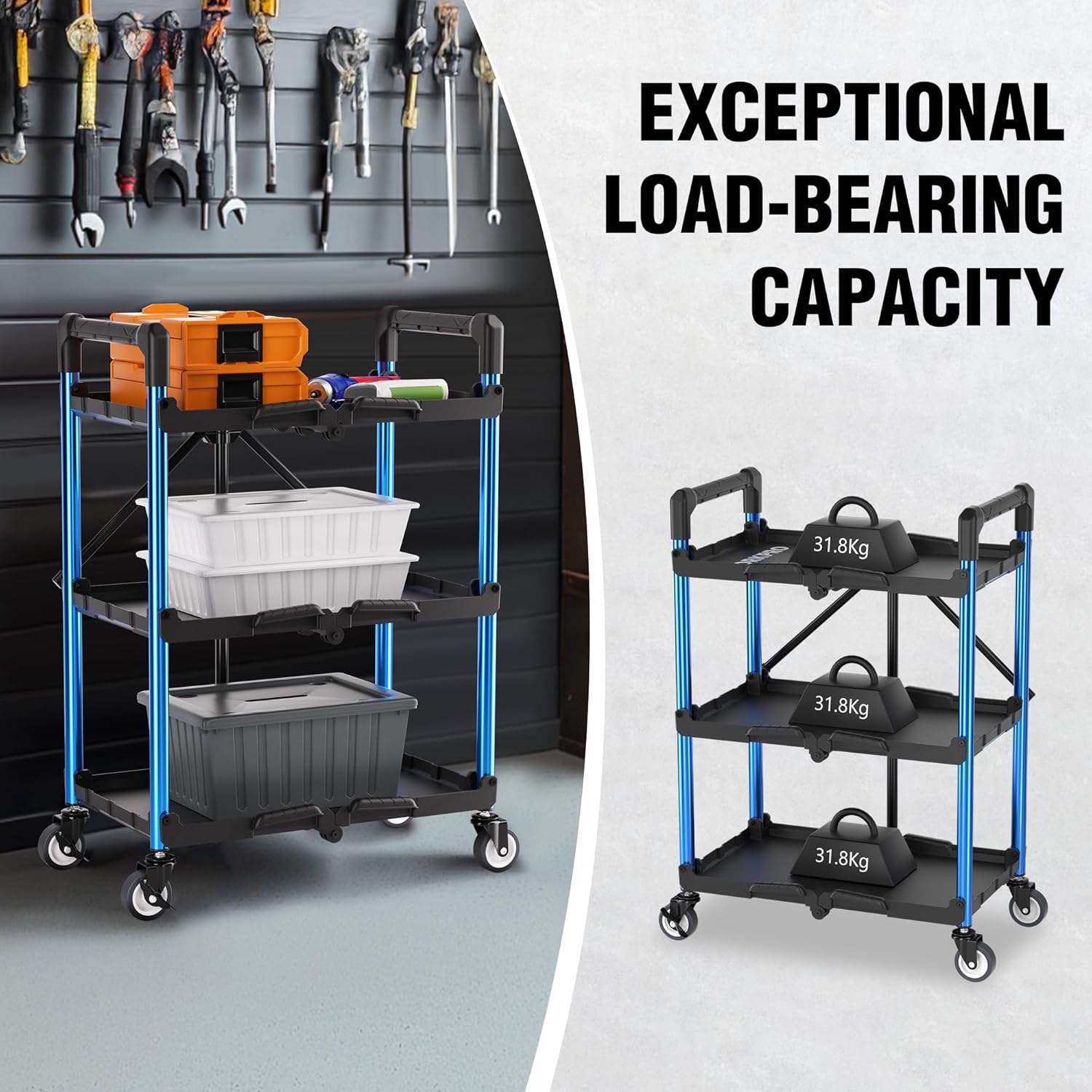 WORKPRO 3-Tier Collapsible Service Cart with Wheels, 31.8 kg Capacity & Ergonomic Handle - Folding Cart for Garage, Workshop, Home & Office
