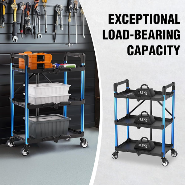 WORKPRO 3-Tier Collapsible Service Cart with Wheels, 31.8 kg Capacity & Ergonomic Handle - Folding Cart for Garage, Workshop, Home & Office