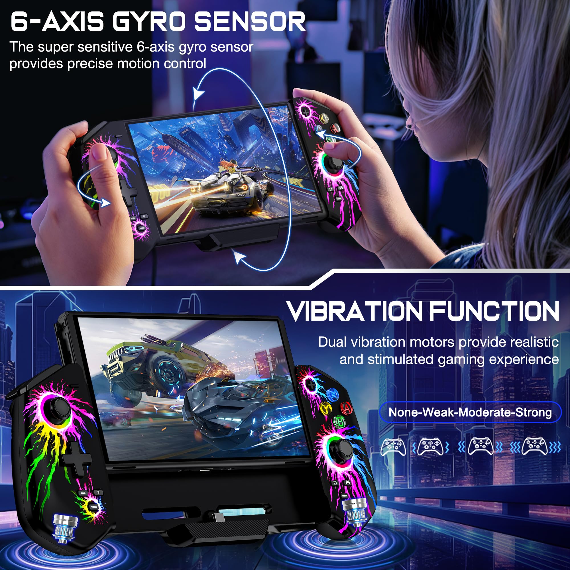 HELLCOOL Switch Pro Controller for Switch/OLED,Switch Controller for Handheld Grip with Hall Effect Joystick,One-Piece Switch Joycon with Turbo/Programmable/6-Axis/Vibration/RGB/4 Card Slot(Black)