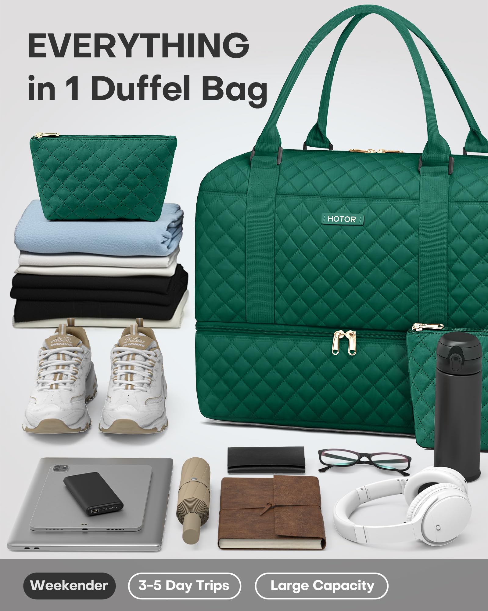 HOTOR Travel Bags for Women - Lightweight Overnight Holdall Bag, Large Carry on Luggage Weekend Bag with Shoe Compartment & Toiletry Bag, Travel Duffel Sport Gym Tote, Black, 34.0 x 45.0 x 20.0 cm