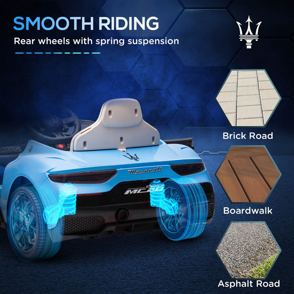 Maserati MC20 Licensed 12V Kids Electric Car with Slow Start, Remote Control, Music, LED Lights, Horn, Spring Suspension, for 3-6 Years, White