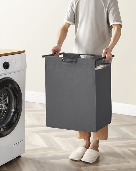 VASAGLE Laundry Basket, Laundry Hamper, Pull-Out and Removable Liner Bag, Shelf, Metal Frame, 65 L, 50 x 33 x 72 cm, Ink Black and Rustic Brown BLH101B01