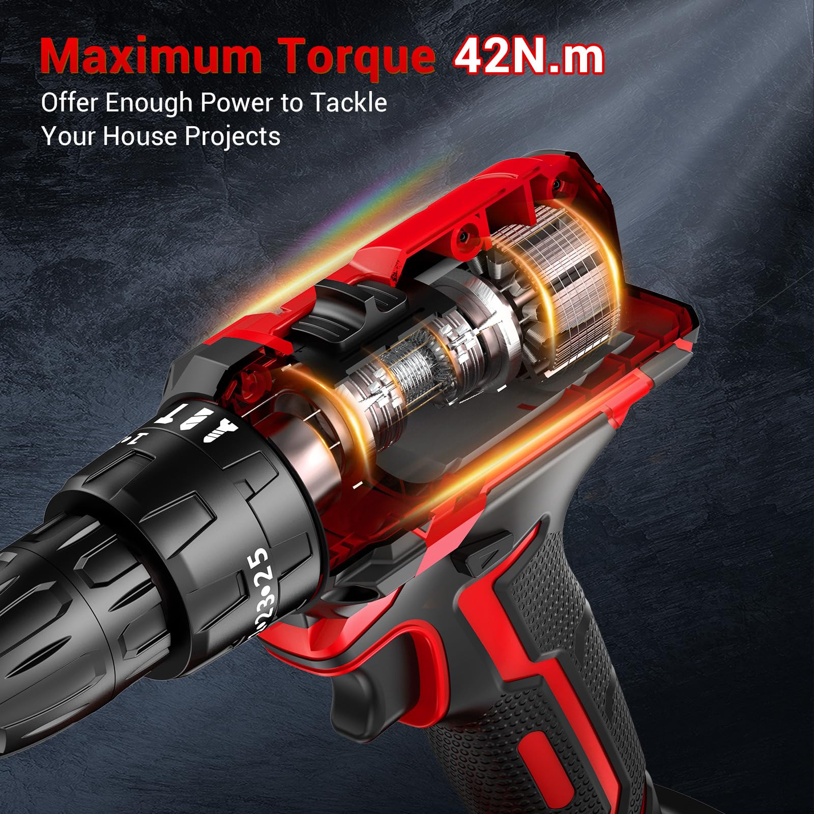 LEEIKOO Cordless Drill, 21V Electric Drill 42N.m with 2.0Ah Battery, Combi Set 10mm Chuck, 2 Speeds, 18+1 Torque, LED Light, 20pcs Drill Set for Garden DIY Project, Grey