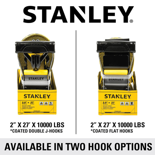 STANLEY S1007 Black/Yellow 1.5" x 16' Ratchet Tie Down Straps - 1,100 lb Safe Working Load / 3,300 lb Break Strength, 2 Pack