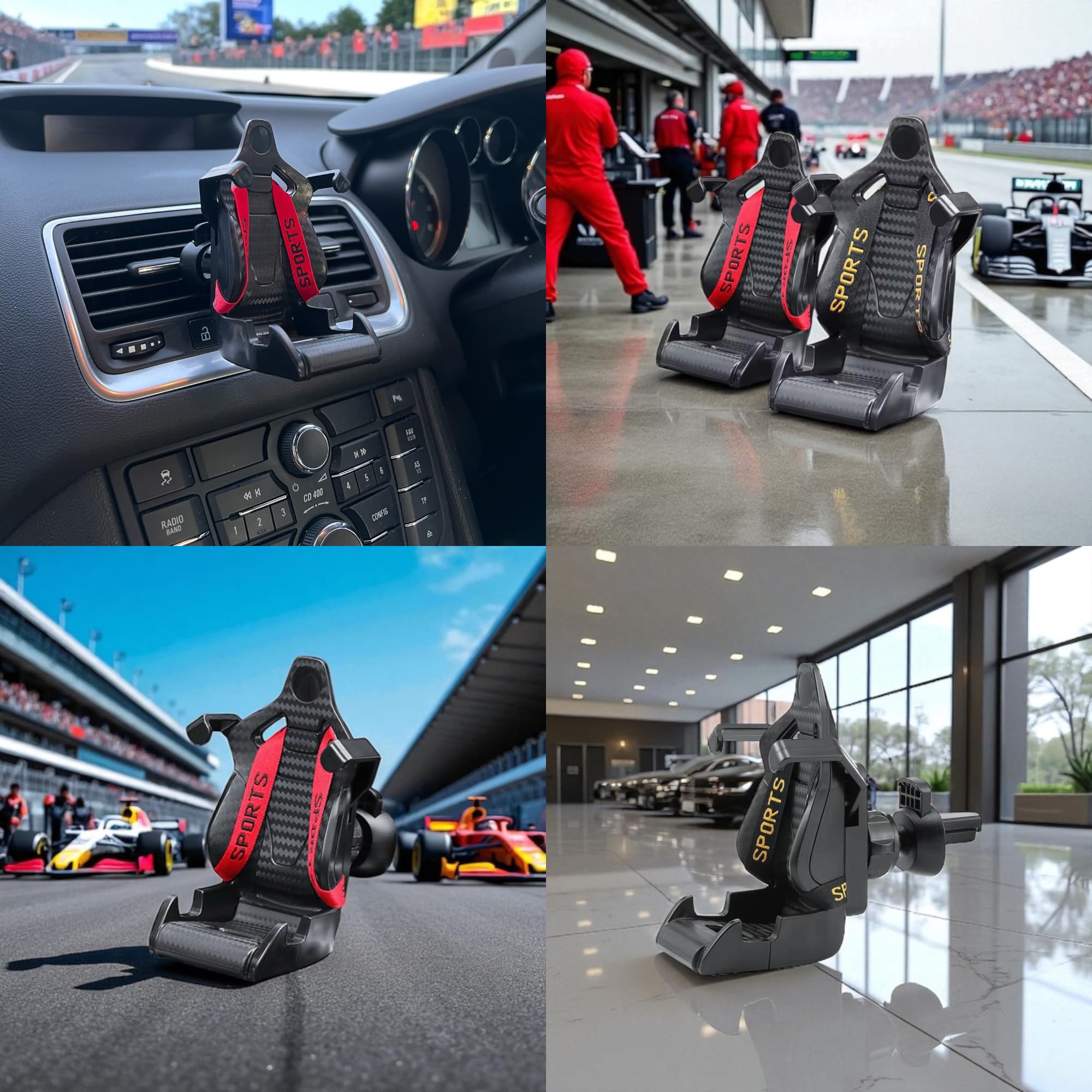 Car Phone Holder Air Vent Mount – Racing Seat Style with Safety Belt, 360° Adjustable Cradle, Universal Fit for iPhone, Samsung, Android, And More, 2025 New Auto Accessories (Red)