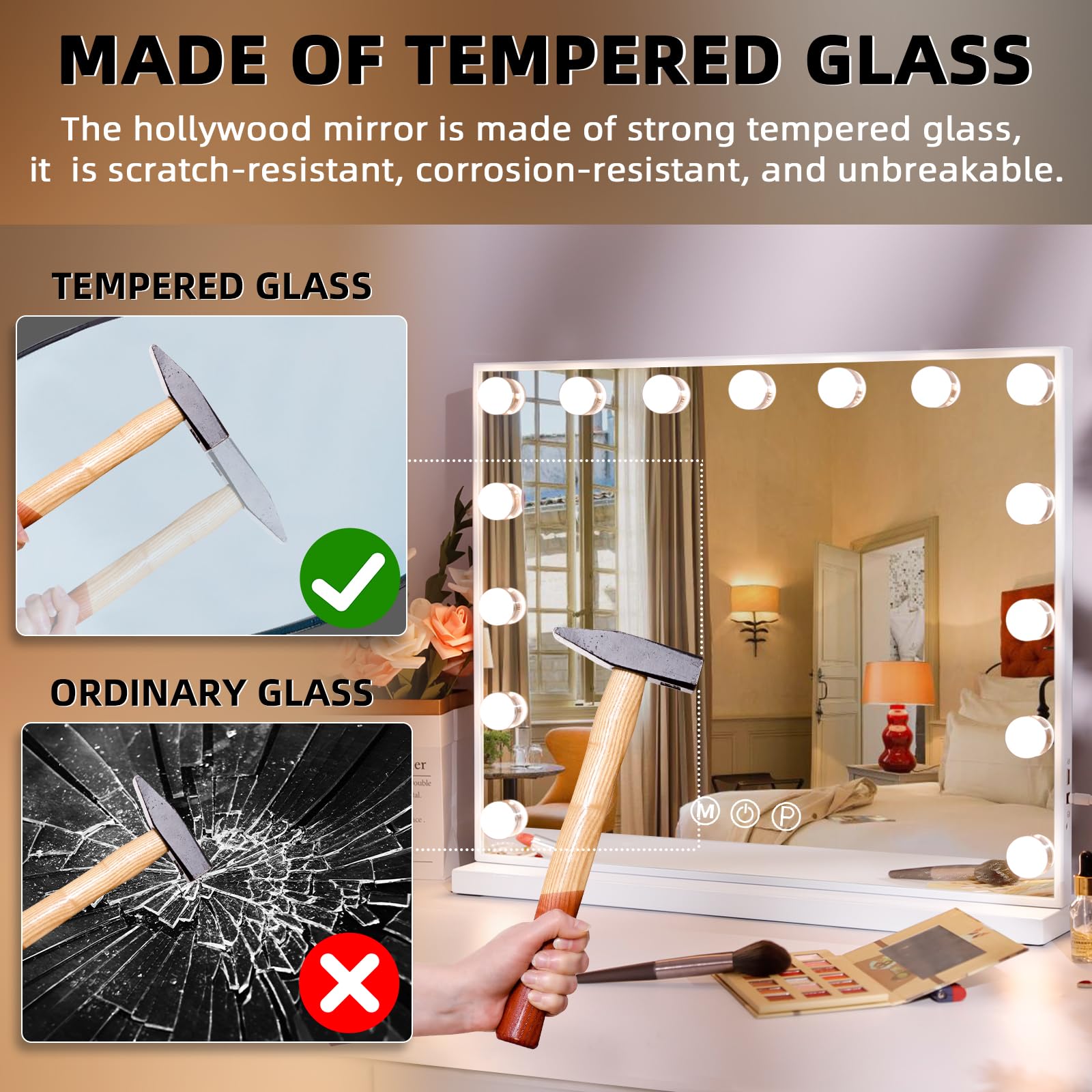 Hansong Wall Mount Vanity Mirror with Lights Hollywood Makeup Mirror with 15 LED Bulbs 3 Color Lighting Modes Lighted Makeup Mirror for Dressing Table