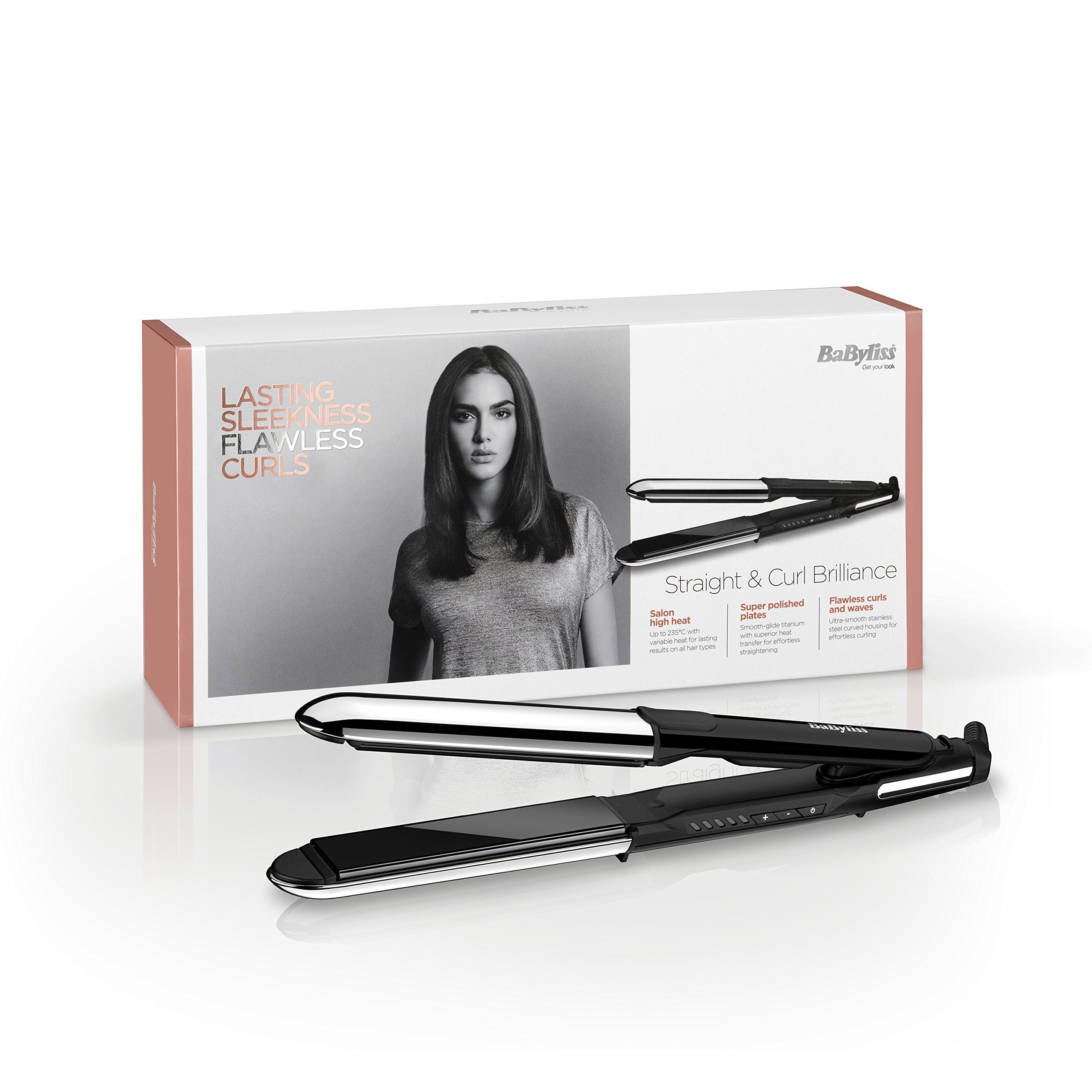 BaByliss Straight and Curl Brilliance Hair Straighteners - Curved Metal Design Easy Styling, Smoothing Titanium Plates, Ionic Anti-Frizz, Fast 15 Second Heat Up, 5 Heat Settings Up to 235°C, 2481U