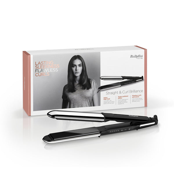 BaByliss Straight and Curl Brilliance Hair Straighteners - Curved Metal Design Easy Styling, Smoothing Titanium Plates, Ionic Anti-Frizz, Fast 15 Second Heat Up, 5 Heat Settings Up to 235°C, 2481U