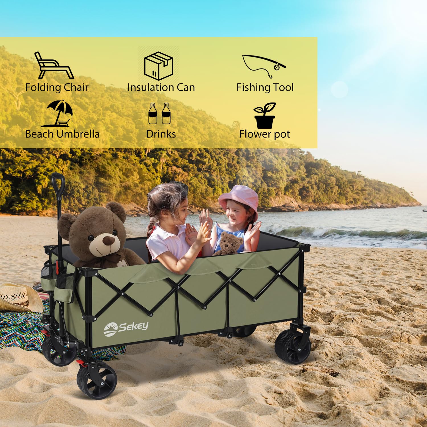 Sekey 200L Folding Festival Trolley with All-Terrain Extra Wide Wheels and Brake, Heavy-Duty Cart Loadable up to 150KG, Patented Four-Directional Foldable Design, Wagon for Beach Camping Outdoor, Grey