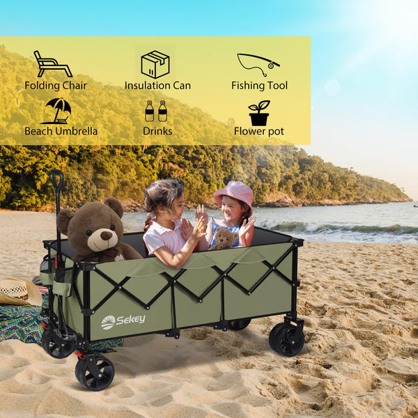 Sekey 200L Folding Festival Trolley with All-Terrain Extra Wide Wheels and Brake, Heavy-Duty Cart Loadable up to 150KG, Patented Four-Directional Foldable Design, Wagon for Beach Camping Outdoor, Grey
