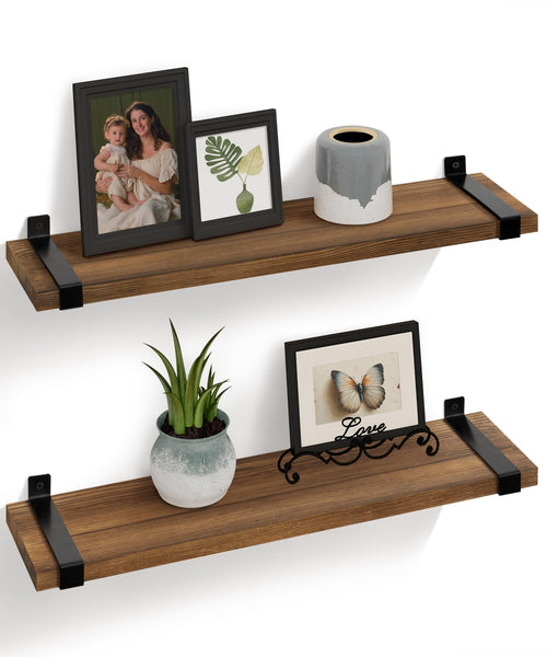 Gronda Rustic Floating Shelves, Dark Wood Wall Mounted Shelf Storage 60CM Natural Shelf Rustic Farmhouse Display for Bedroom Living Room Bathroom