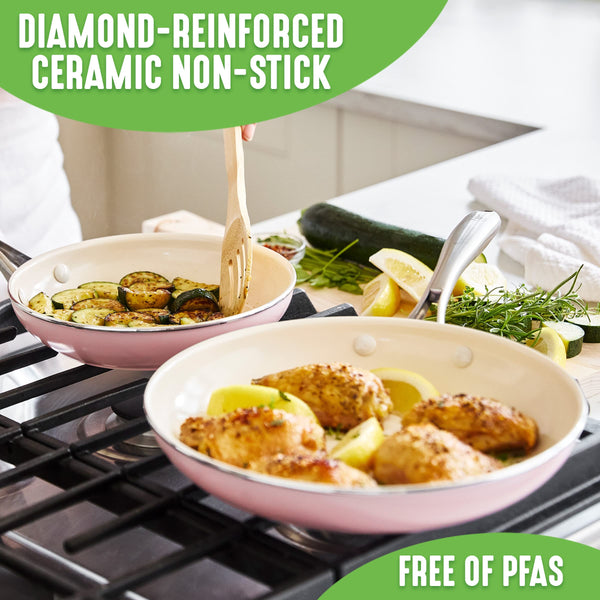 GreenLife Artizan Healthy Ceramic Non-Stick 20 cm and 26 cm Frying Pan Skillet Set, Stainless Steel Handle, PFAS-Free, Induction, Oven Safe, Pink