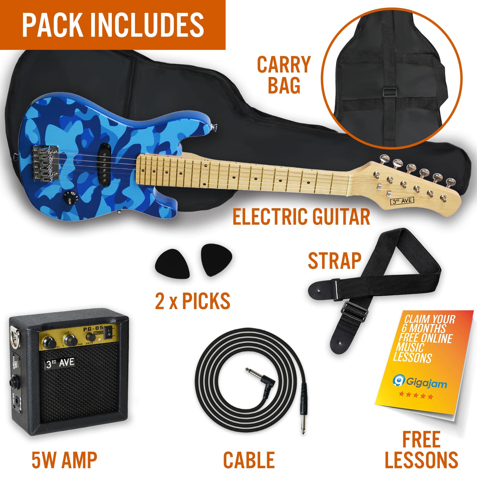 3rd Avenue 1/4 Size Kids Electric Guitar Pack for Junior Beginners - 6 Months FREE Lessons, 5W Portable Amp, Cable, Bag, Picks and Strap - Red