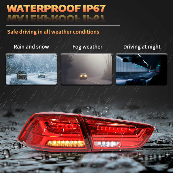 LED Rear Lights compatible with Lancer & EVO X 2008-2020 (Not Fit fortis/io), w/Amber Sequential indicator, Driver & Passenger Side - Red