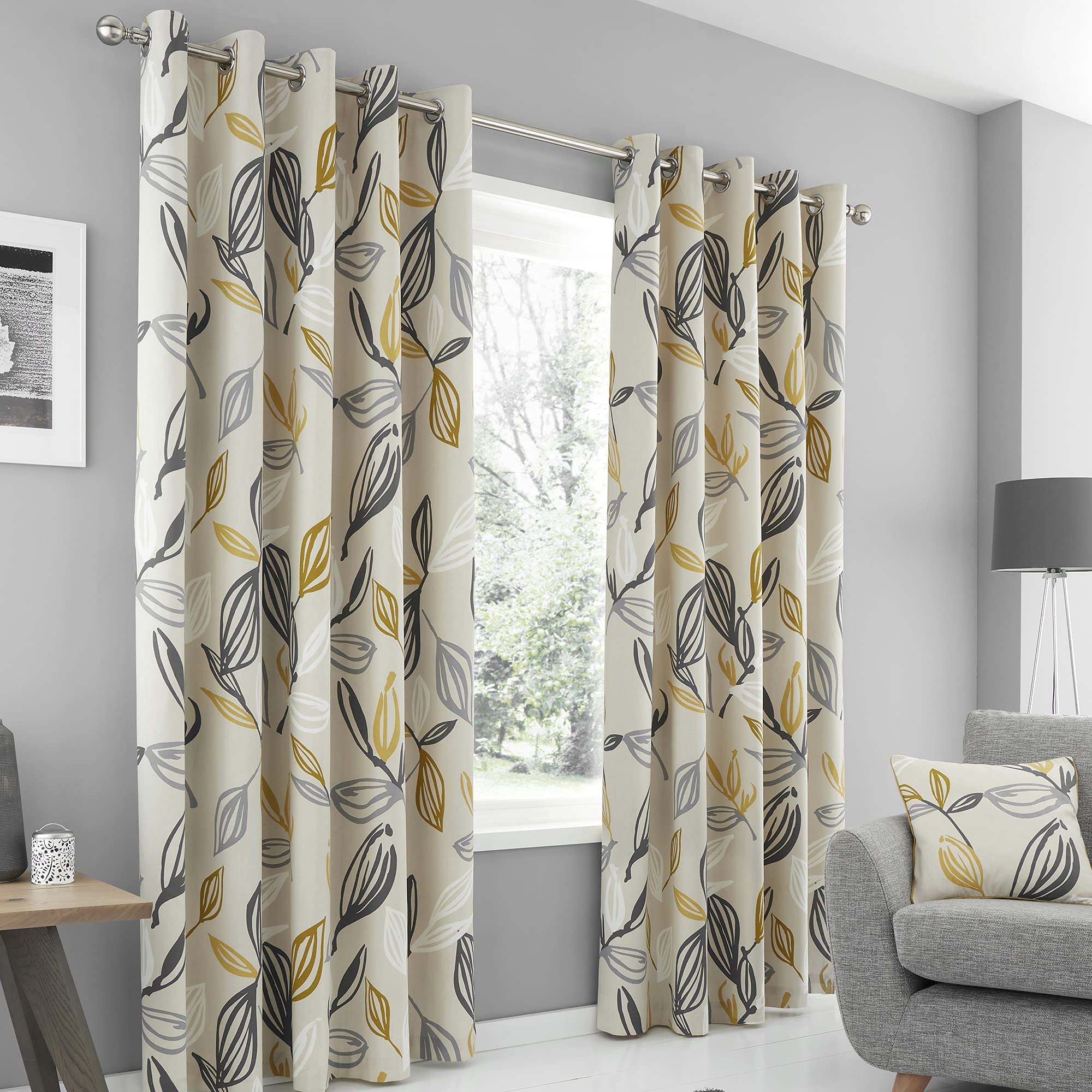 Fusion - Ensley - 100% Cotton Pair of Eyelet Curtains - 90" Width x 90" Drop (229 x 229cm) in Ochre