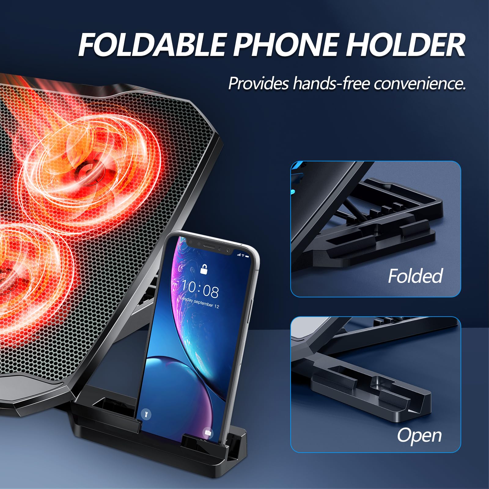 AIMIUZI Laptop Cooling Pad, Laptop Cooler for 12-15.6 Inch Notebooks, Laptop Cooling Stand with 5 Quiet Fans, 5 Height Adjustable, 2 USB Ports, Phone Stand (Black)