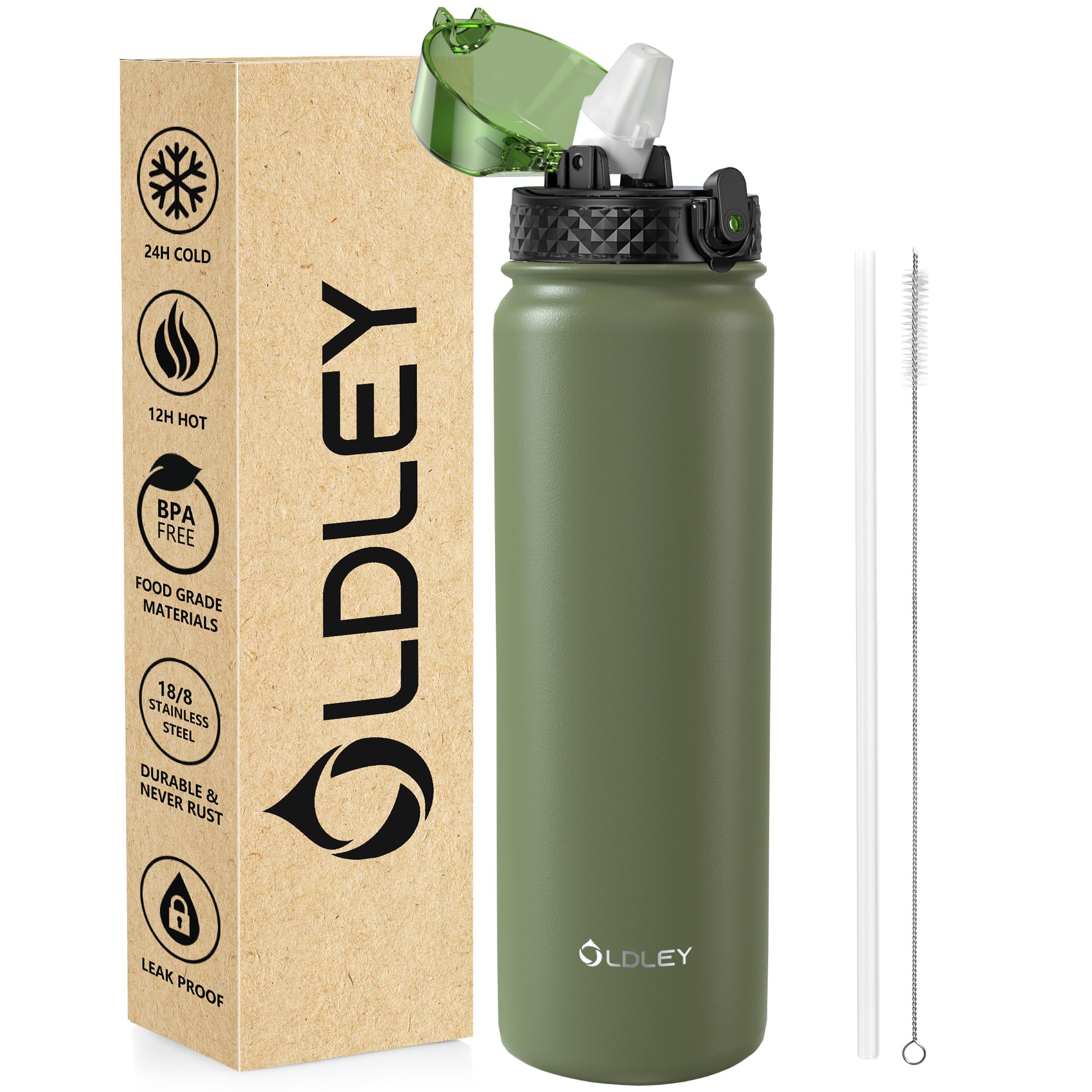 OLDLEY Stainless Steel Water Bottle with Straw 1L Vaccum Insulated Large Drink Flask Metal Water Bottles 1 Litre Leakproof Keep Drinks Hot Cold for Sports Gym with Different Lids(Purple Green, 3 Lids)