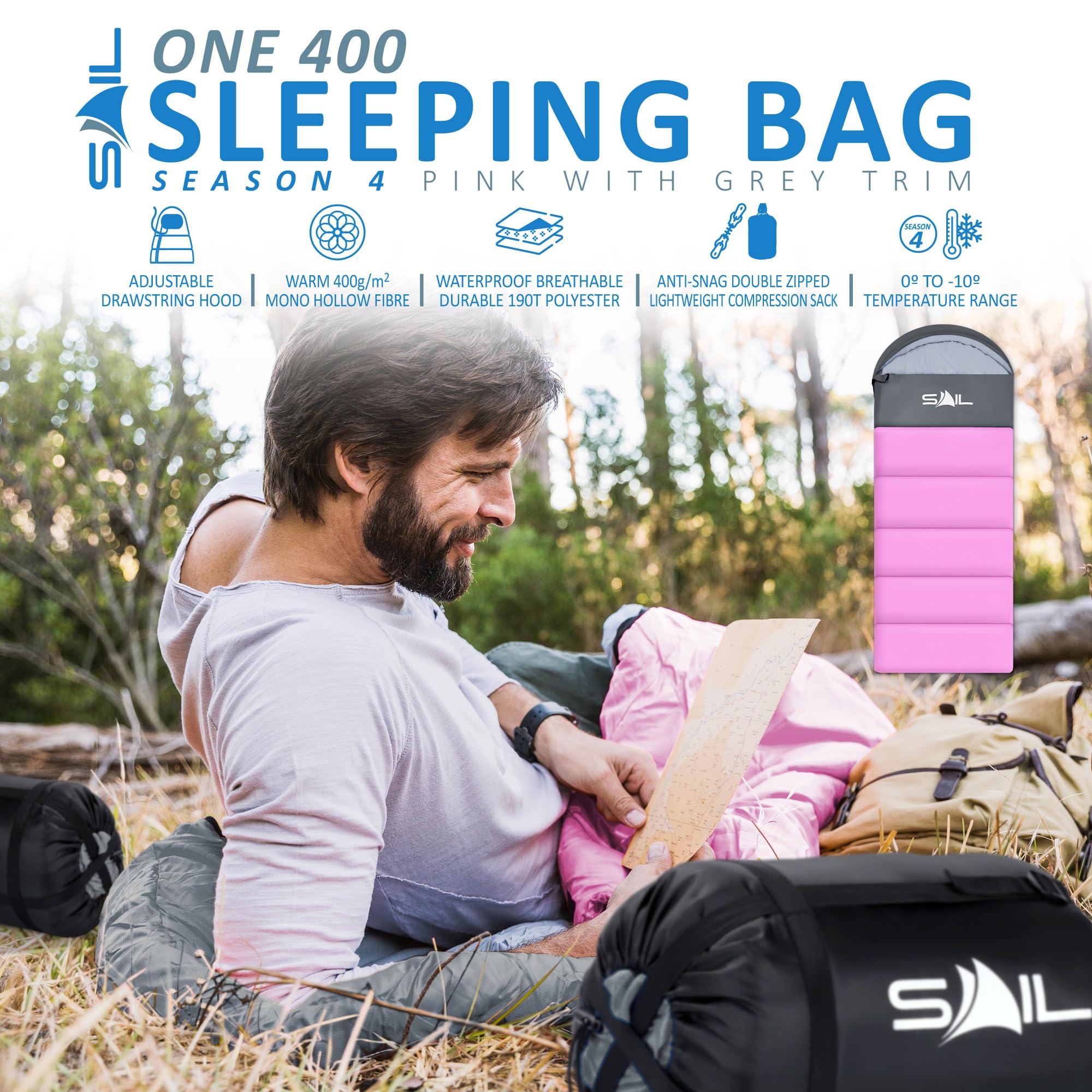 SAIL Sleeping Bag 3-4 Season Waterproof Indoor & Outdoor Use 1.3KG/2KG for Kids & Adults for Hiking, Backpacking and Camping