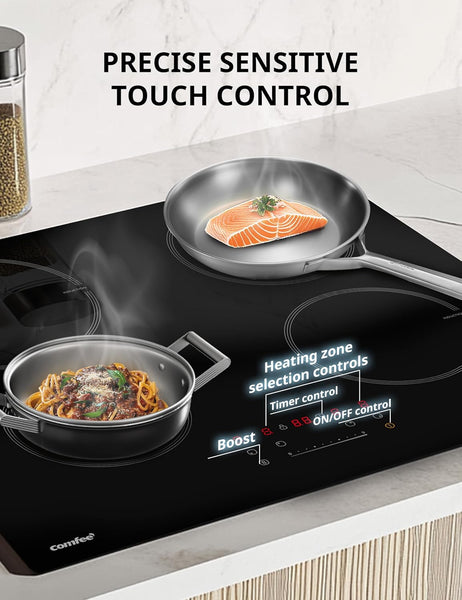 COMFEE' Induction Hob 7400 WATT with 4 Zones Induction Stove with Flexible Zone Built-in induction cooktop,Wiring, Touch control, Automatic Switch-Off, Child Safety Lock, No Plug Included