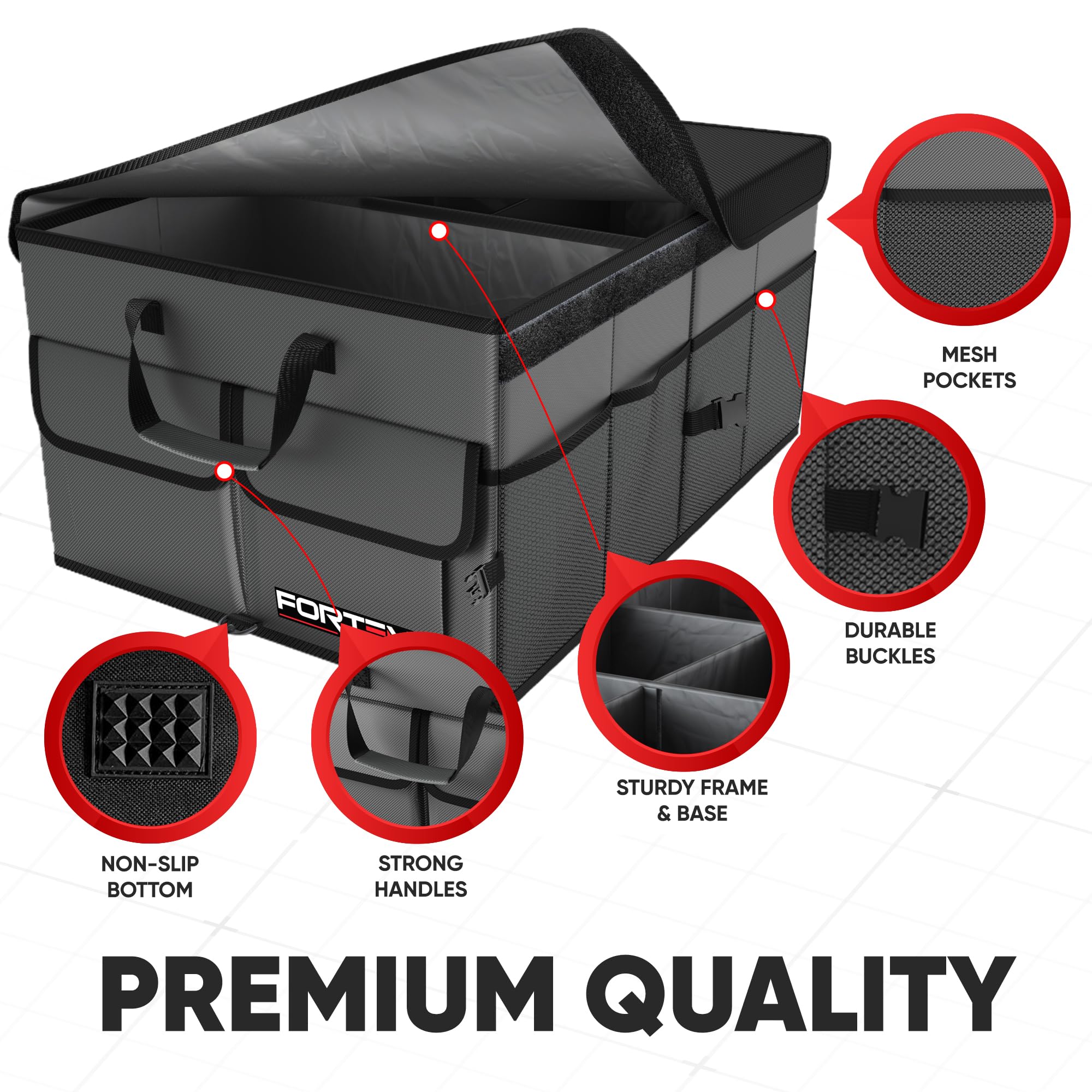 FORTEM Car Boot Organiser, Collapsible Multi Compartment SUV Organizer, Foldable Storage for Car Accessories for Women Men, 600D Oxford, Non Slip Bottom, Securing Straps, Soft Cover (50L)