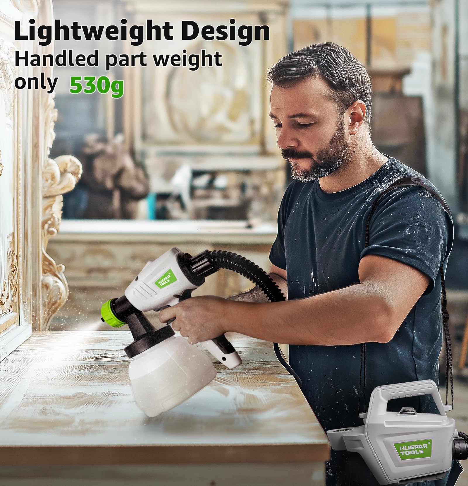 Fence Paint Sprayer 800W, Huepar Tools Electric HVLP Paint Spray Gun, 4 Nozzles, 9.84ft Hose, 3 Patterns, Adjustable Spray, 1300ML Detachable Container, Electric Spray Gun for Indoor & Outdoor