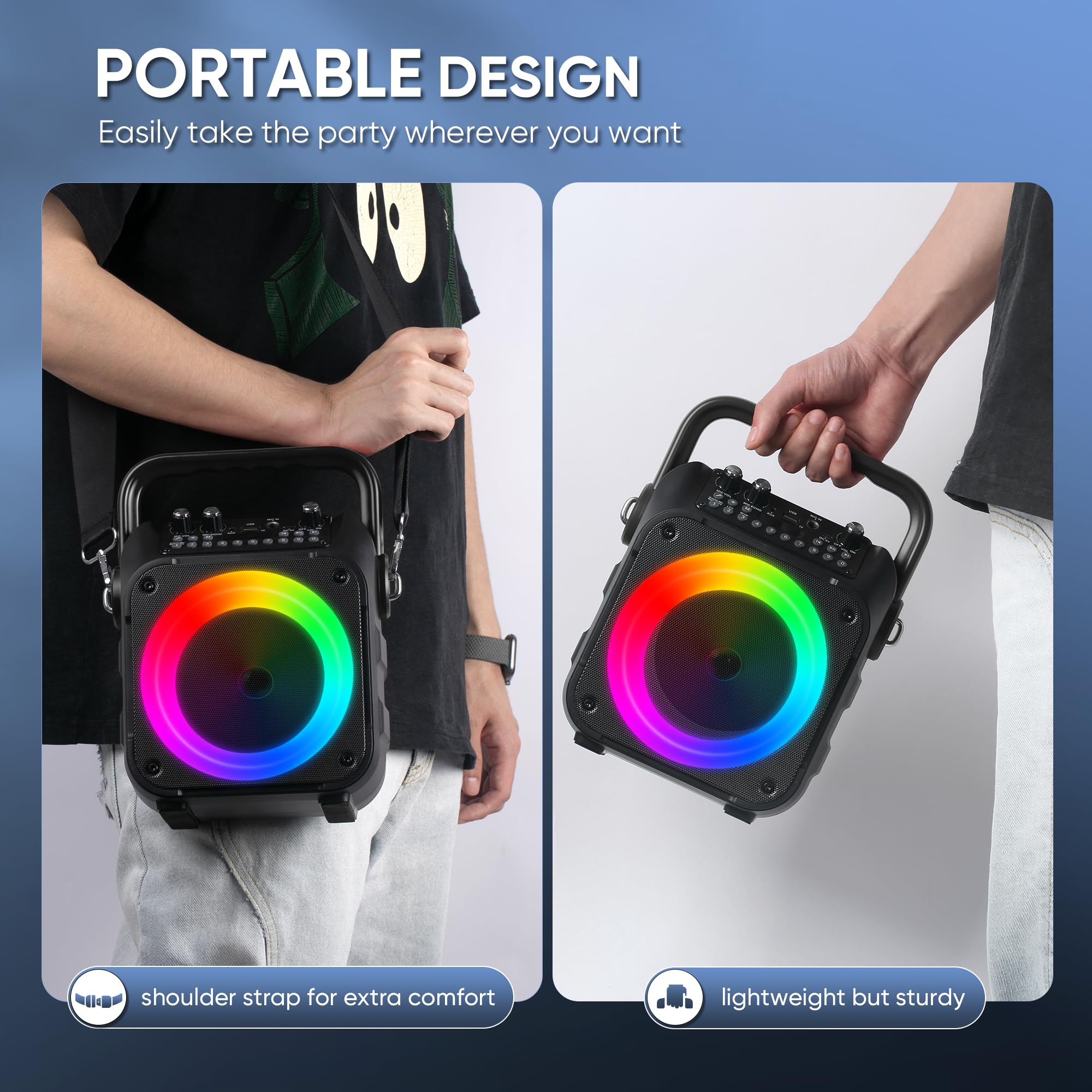 Karaoke Machine with Two Wireless Microphones, Portable Karaoke Machine for Adults & Kids, Portable Bluetooth Speaker with PA System, LED Lights, Supports TF Card/USB, AUX in, FM, USB,TWS (Black)