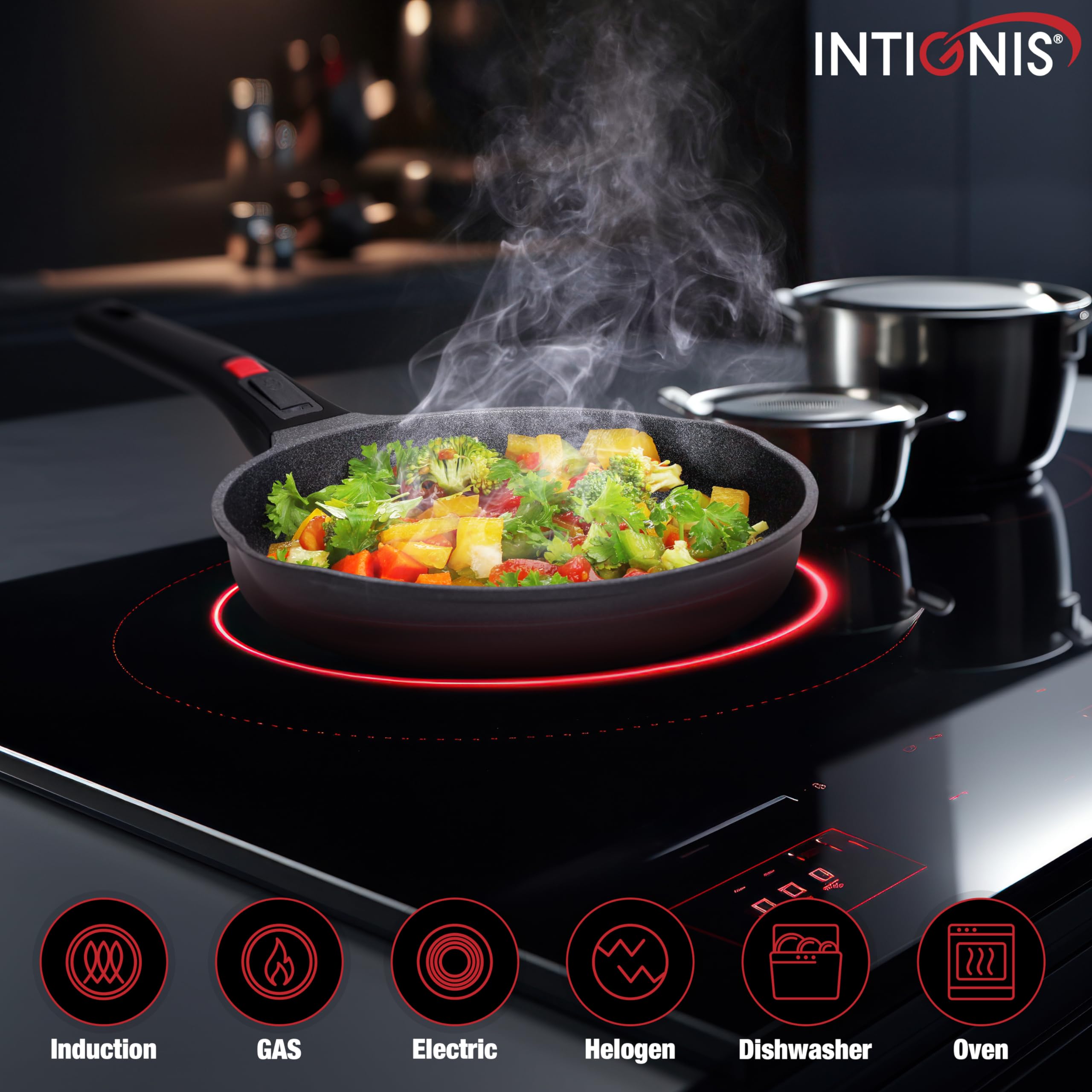 INTIGNIS Frying Pan Non Stick with Removable Handle | Scratch Resistant & Durable | Induction Ready with Stainless Steel Base | Chemical Free Ceramic