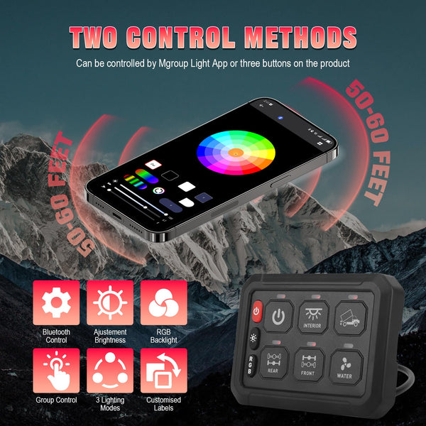 Chelhead RGB 6 Gang Switch Panel with APP Control, Universal Circuit Control Relay System, Multi-Function Bluetooth Remote Switch Panel, Compatible with Truck Boat SUV RV Trailer Marine ATV UTV