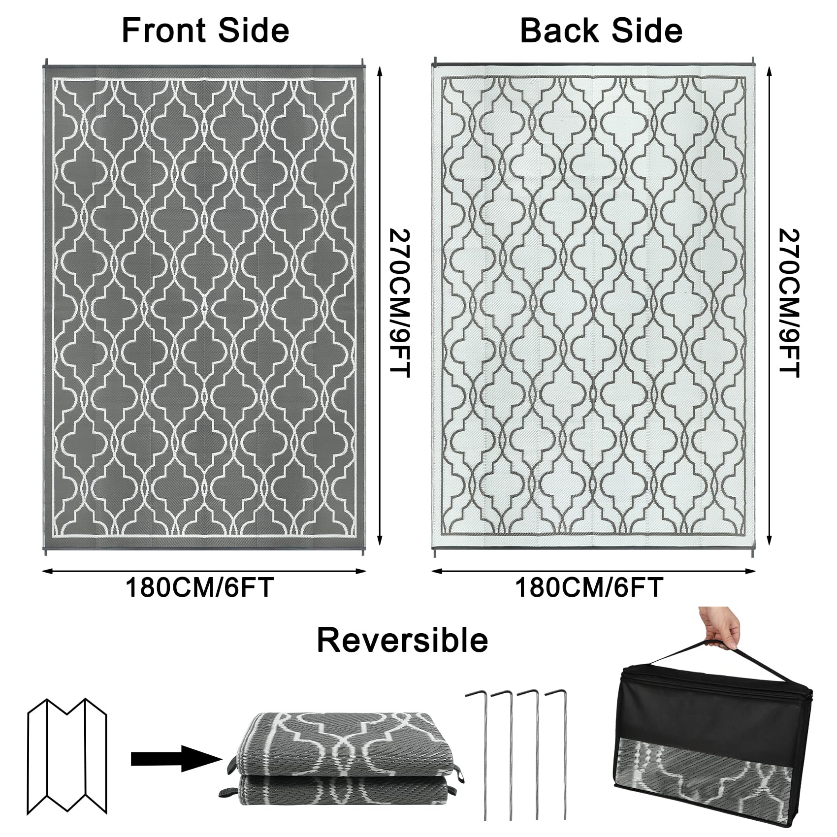 Cekene Large Outdoor Rug Waterproof Black 245x305cm Patio Rugs Reversible RV Camping Mat Lightweight Plastic Portable Outdoor Carpet for Picnic Porch Deck Backyard BBQ Beach