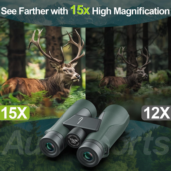 15x56 Binoculars for Adults High Powered - Aurosports HD Large View Binocular with Clear Low Light Vision - Lightweight Easy Focus Binos Bird Watching Hunting Hiking Cruise Travel - Black
