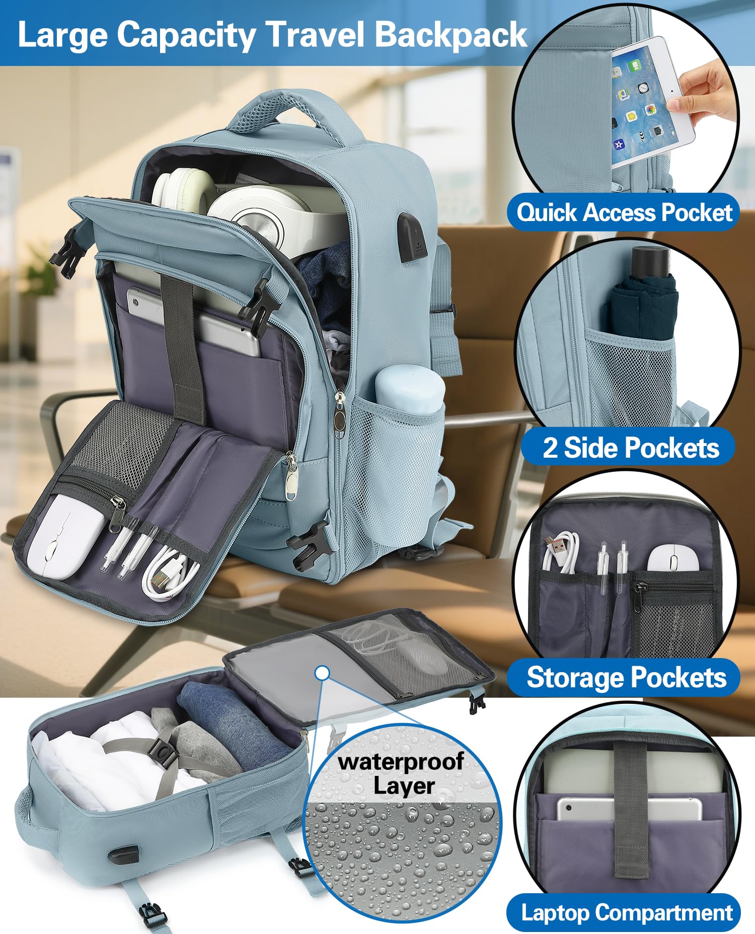 KLOSTAIN for Easyjet Cabin Bag 45x36x20 Travel Backpack Hand Luggage Carry-ons Bag Laptop Backpack Ruscksack for Airplanes Flight New Easyjet Underseat Cabin Bags Fit 14" Laptop Navy