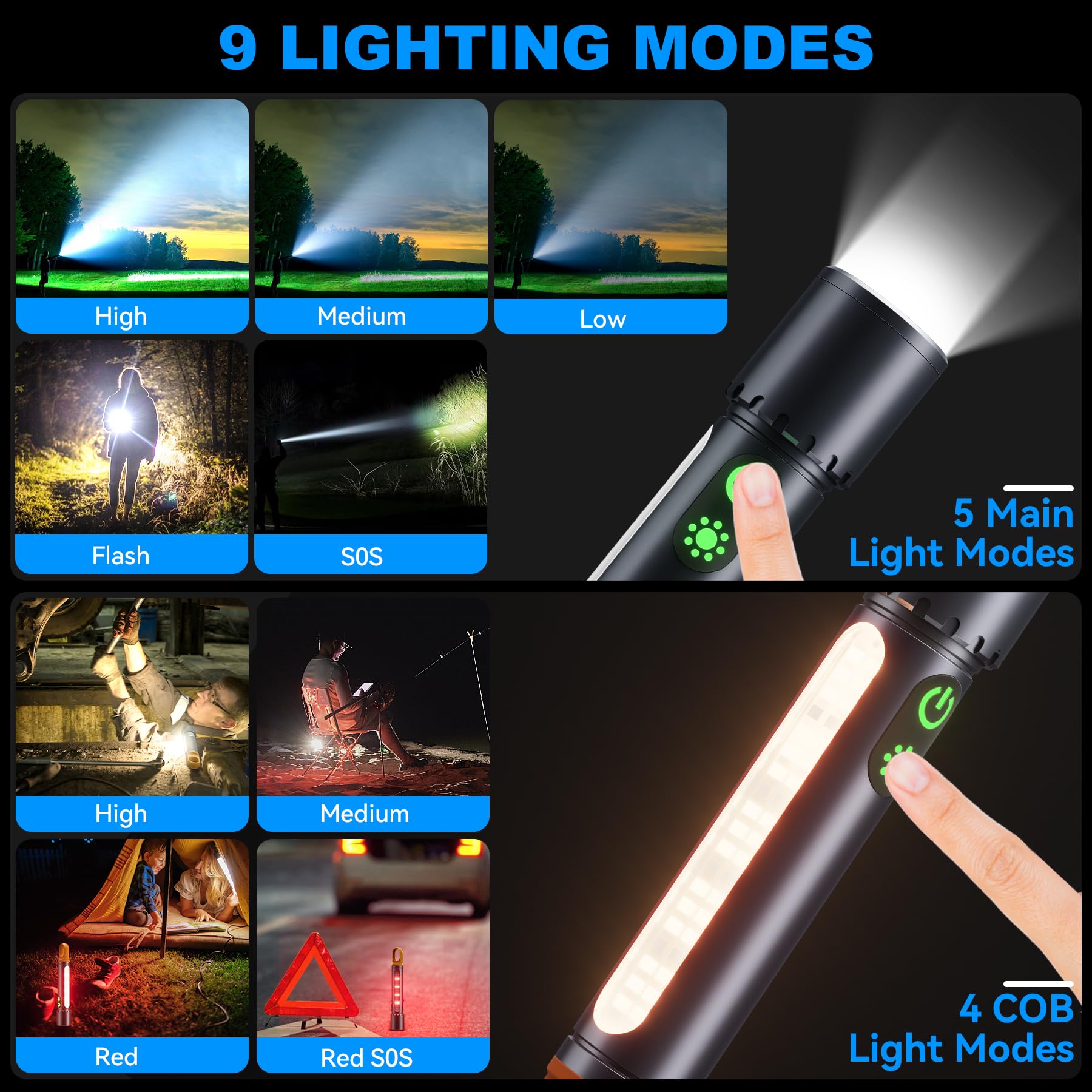 ET Rechargeable LED Torch Super Bright 1000000LM, Magnetic Lightweight Waterproof Flashlight with 9 Modes&COB Side Light(Red Light), Zoomable &Tail Hook for Camping, Hiking, Emergency, Dog Walking