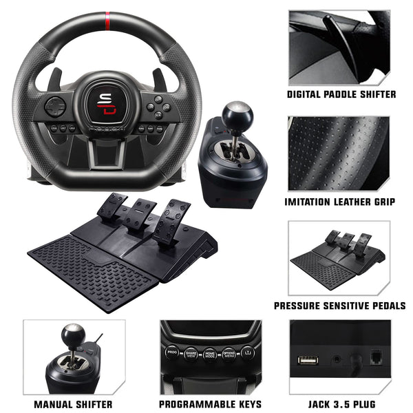 Subsonic Superdrive GS950X 900° racing wheel with manual shifter, 3 pedals and paddle shifters for Xbox Serie X/S, PS4, Xbox One (programmable)