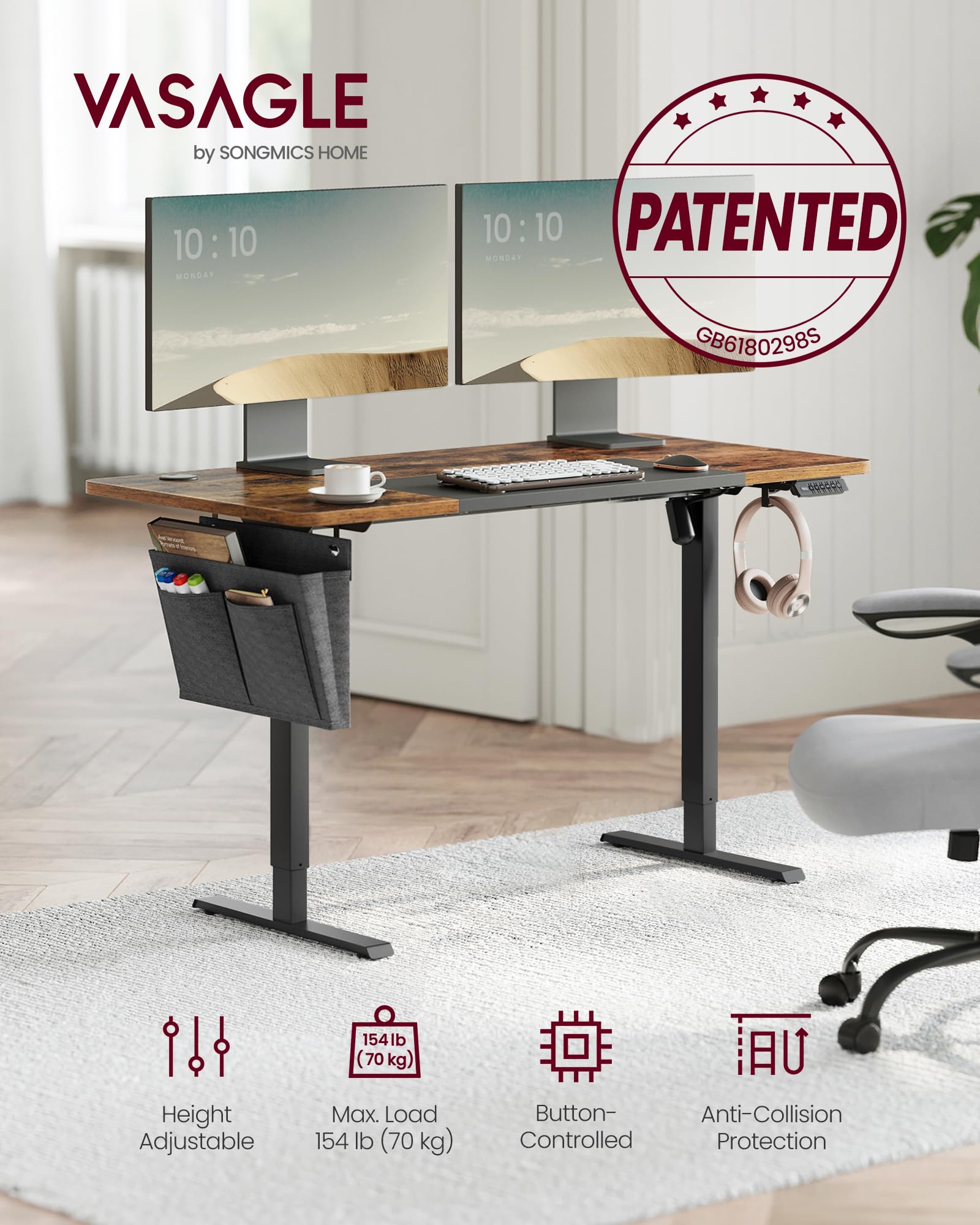 VASAGLE Electric Standing Desk, Height Adjustable Desk, 60 x 140 x (72-120) cm, 4 Memory Heights, Storage Pocket, for Home Office, Study, Rustic Brown and Ink Black LSD134K02