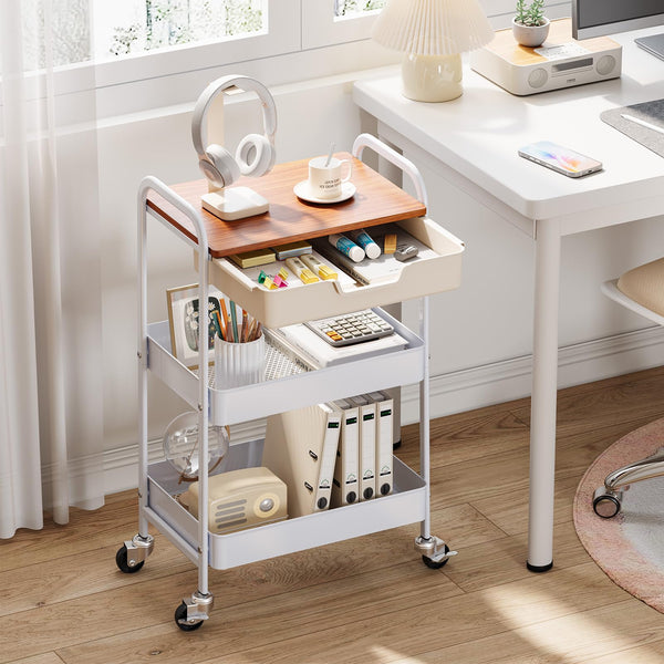 KINGRACK Rolling cart, 3-Tier Utility Storage Trolley with Wooden Board and Drawer, Metal Storage Cart with Handle, White Trolley Kitchen Organizer
