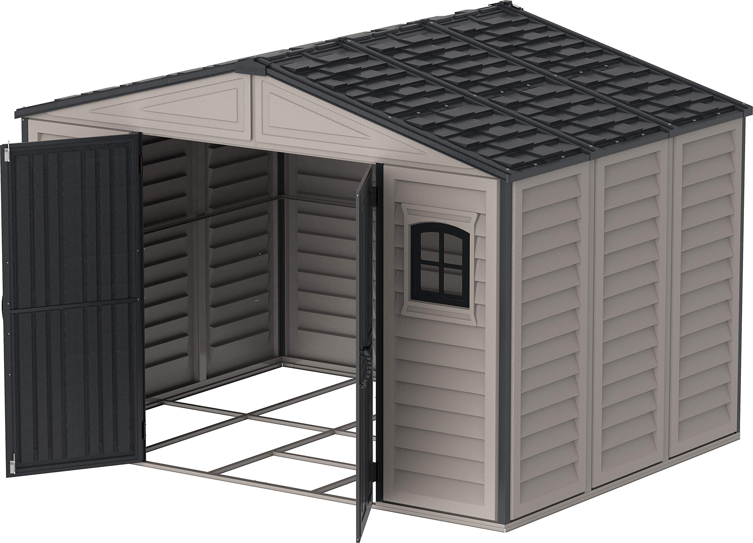 Duramax WoodSide 10 x 8 (8.02 m2) Plastic Garden Shed with 3 Fixed Windows & Metal Foundation Kit, Strong Metal Roof Structure Fire Retardant and Maintenance-Free Storage Shed - Ivory/Brown