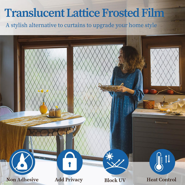 FEOMOS Frosted Lattice Window Film, Window Privacy Film, Decorative Window Cling Non Adhesive, Frosted Glass Film for Windows Doors UV Rejection