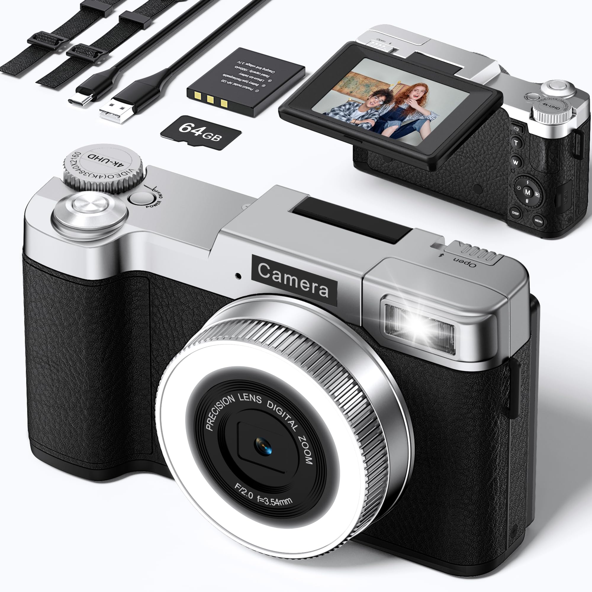 Digital Camera,4K 64MP Cameras for Photography with Beauty Light 180°flip Screen Compact Vlogging photo Camera, 18 Digital Zoom, Adjustable Flashlight