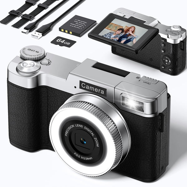 Digital Camera,4K 64MP Cameras for Photography with Beauty Light 180°flip Screen Compact Vlogging photo Camera, 18 Digital Zoom, Adjustable Flashlight